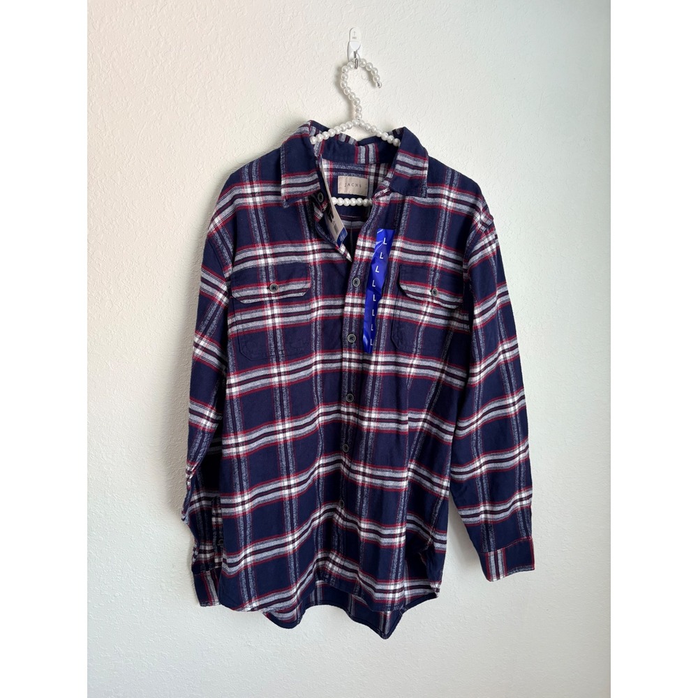 Jachs NY Flannel Shirt L Navy Red New Plaid Cotton Long Sleeve Button Down